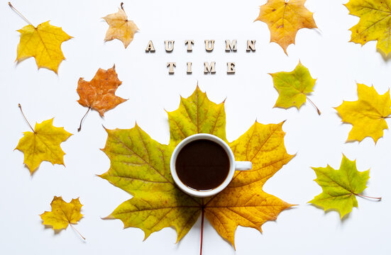 Autumn background - a cup of black coffee on a large maple leaf with wooden letters spelling Autumn time on a white background.