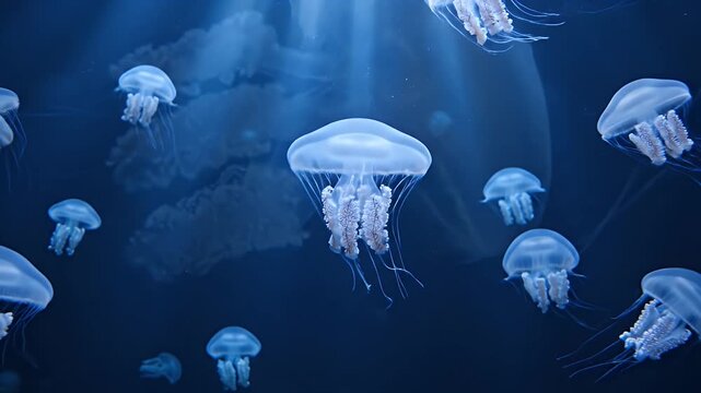 Close-up of bioluminescent jellyfish gracefully floating in the deep blue ocean, ethereal marine life