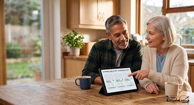 Senior couple comparing retirement home options on digital tablet at kitchen dining table