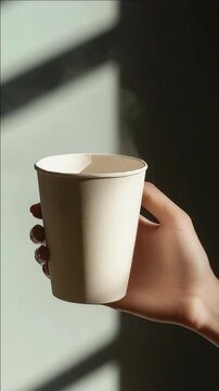 A person's hand gripping a disposable coffee cup