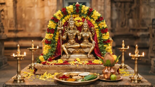 Hindu Gods Shiva and Parvati Puja Setup for Festivals like Varaha Jayanti Hartalika Teej Ganesh Chaturthi Samvatsari and Balarama Jayanti