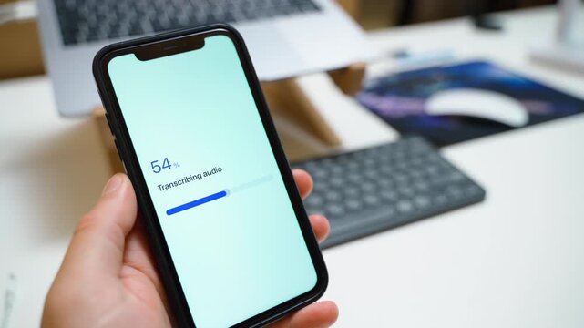 Hand holding smartphone with audio transcription progress and transcription failed error