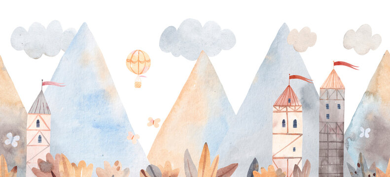 Travel in a hot air balloon over the mountains. Cute watercolor landscape. Horizontal seamless pattern. 