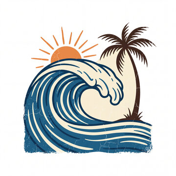 Vintage ocean wave illustration, retro surf palm tree and sun, beach art