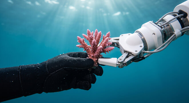 Robotic arm and diver hand hold pink coral underwater in environmental preservation.