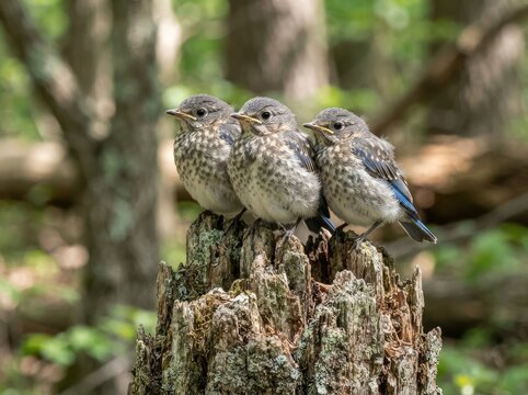 Three fledgling birds sitting together on a weathered tree stump in a lush forest setting with a soft, natural bokeh background.
