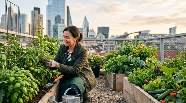 Urban Gardener Growing Fresh Vegetables on Rooftop Garden