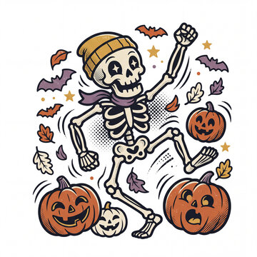 Retro dancing skeleton, vintage Halloween character, spooky pumpkin illustration