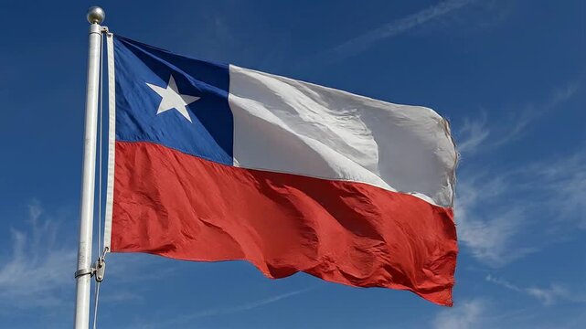 Chilean flag waving proudly against a clear blue sky with wispy clouds