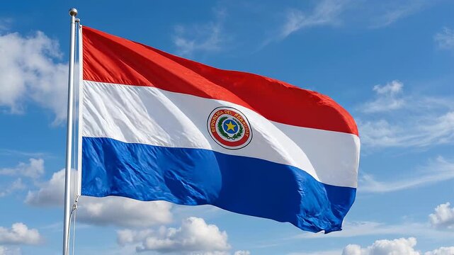 Paraguay flag waving proudly against a bright blue sky with clouds