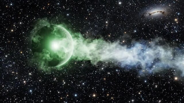 Journey through space with a glowing green object and its trail
