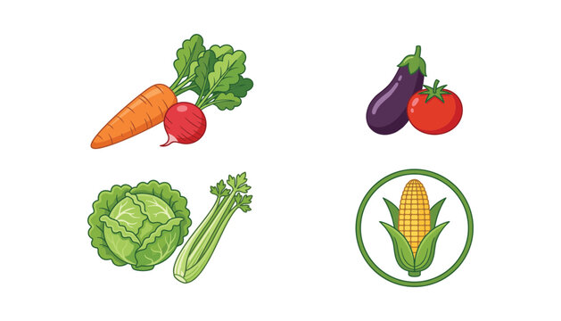 Fresh Vegetable Vector Icon Set Featuring Carrot Radish Eggplant Tomato Cabbage Celery and Sweet Corn Cob in Circular Border Line Art Illustrations