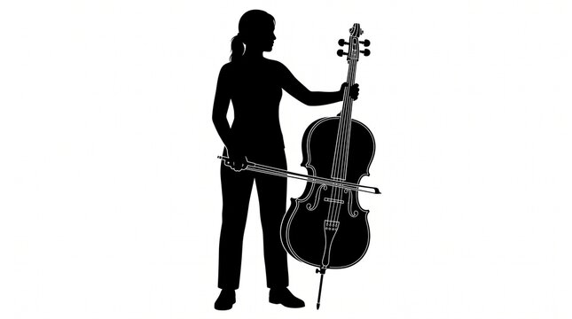Woman playing cello instrument silhouette vector isolated on white background, female musician concept