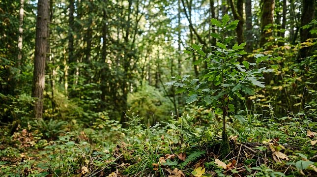 Lush green forest with dense trees and sunlight filtering through