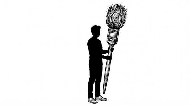 Artist silhouette holding giant paint brush vector illustration isolated on white background, creativity concept