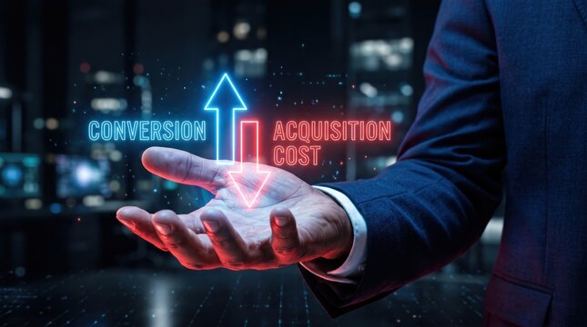 Businessman's hand balancing conversion rate increase against acquisition cost decrease with glowing neon arrows in city night bokeh