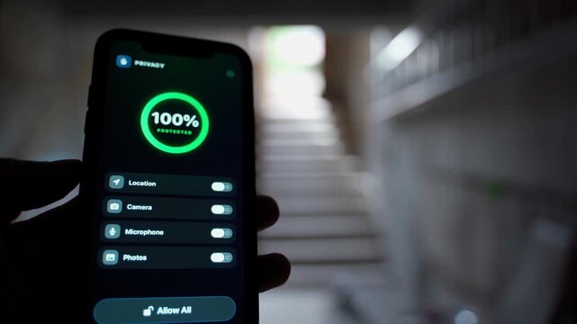 Hand holding smartphone with privacy app showing full protection and permission toggles