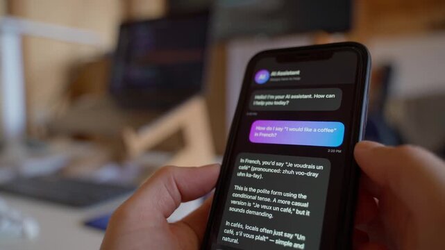 Asking AI assistant how to say a phrase in French on smartphone close-up