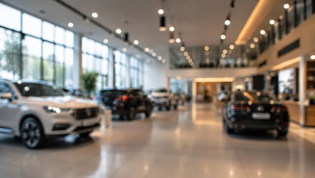 blurred interior of a luxury car dealership showroom with rows of new vehicles and bright ceiling lighting.