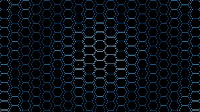 Hexagonal grid motion background with glowing blue lines and dots forming digital structure for futuristic data visualization and cyber space.