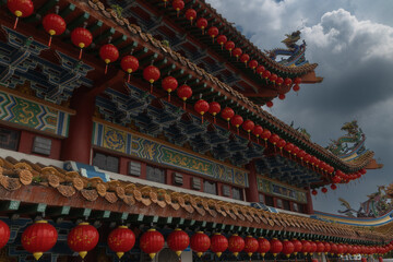 Obraz premium Intricate exterior of a traditional Chinese temple featuring rows of red lanterns, ornate roof decorations, carved dragons, colorful architectural details and elaborate painted ornamentation