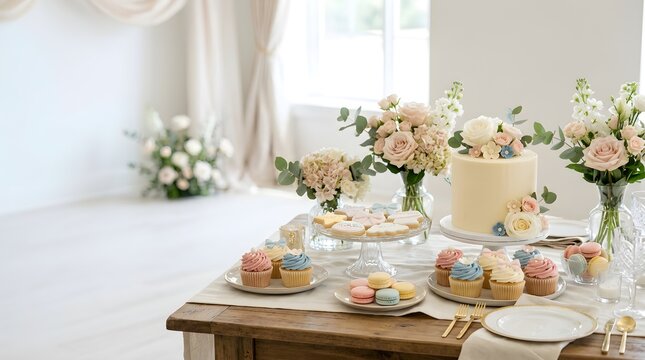 Elegant table setting with floral centerpieces and pastel dishes