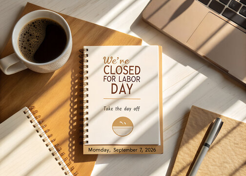 Closed for labor day sign on a spiral notebook with a cup of coffee and office supplies on a desk