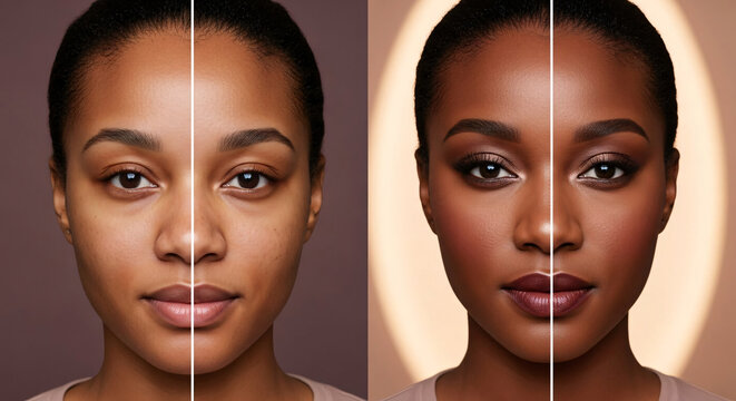 Model portrait with half face makeup and half natural look