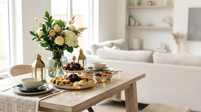 Elegant breakfast table with pastries, fruit, and fresh flowers on rustic wooden bench