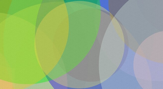 Abstract background, featuring overlapping translucent, circles in shades, of lime green, blue, grey, and, soft purple with, a subtle grainy, texture throughout the composition