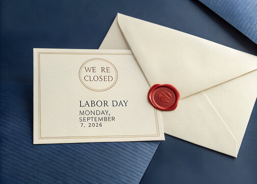 Labor day closed sign message card with white envelope and red wax seal on a dark background
