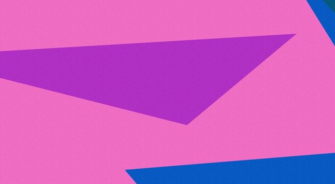 Abstract composition featuring sharp geometric shapes in vibrant pink, purple, and royal blue colors with flat color blocking and angular polygon forms