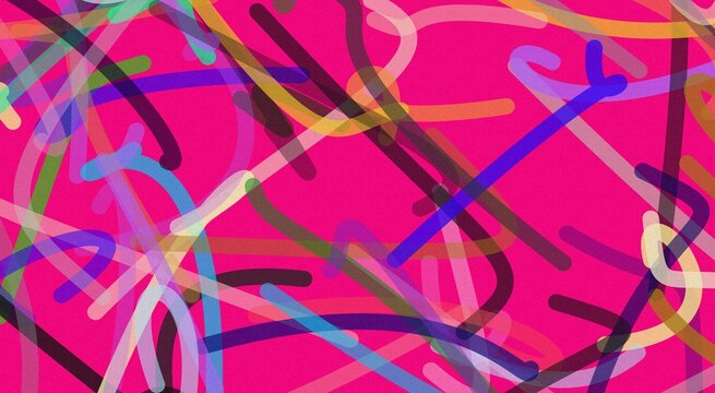 Abstract background, with overlapping multicolored, hand-drawn lines on, a vibrant pink, surface, chaotic scribble, pattern featuring translucent strokes