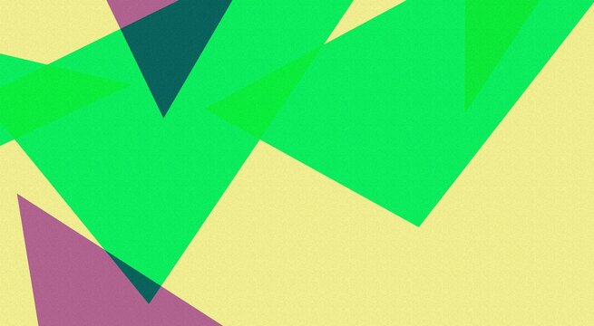 Abstract geometric background, with overlapping triangles, in vibrant green, purple, and dark, teal, set, against a light, yellow textured paper surface