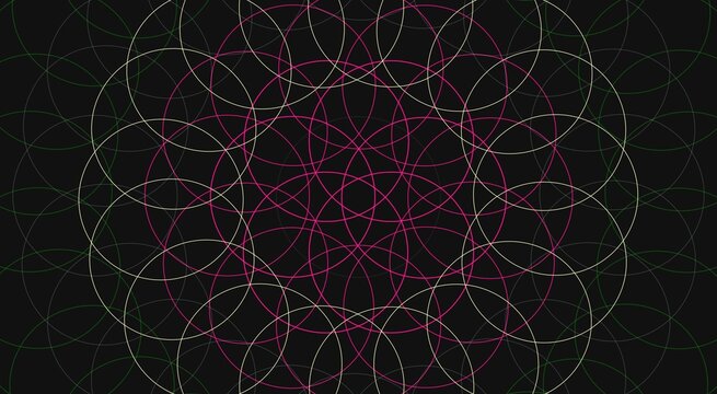Symmetrical geometric pattern of intersecting thin circles in pink and light green, arranged in a circular mandala style on a dark gray background