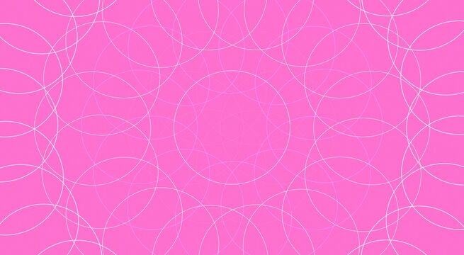Symmetrical mandala pattern of intersecting white circles on a solid pink background, geometric circular