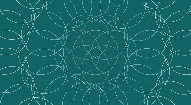 Teal background, featuring a repeating, geometric pattern of, intersecting thin white, circles arranged in, a symmetrical, mandala-like, circular grid formation