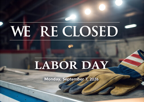We are closed sign for labor day holiday with work gloves on a workbench in a workshop