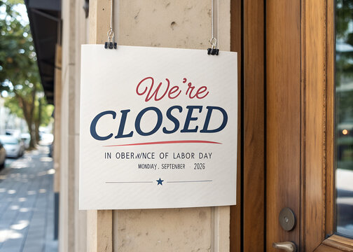 We are closed sign for labor day holiday hanging on a glass shop door
