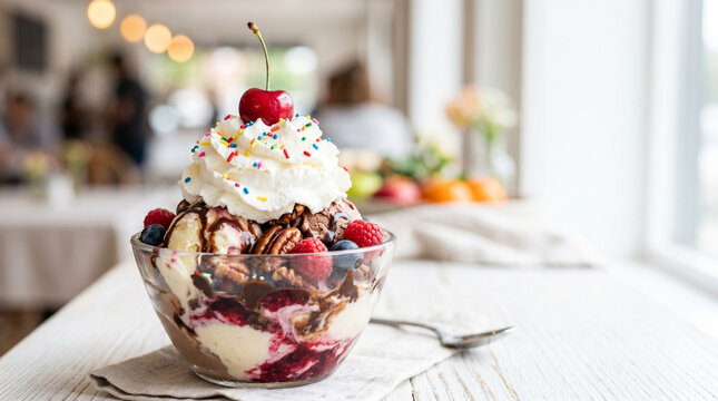 Ice cream summer desserts in a glass bowl with whipped cream and cherry  