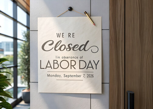 We are closed sign for labor day holiday posted on an office door wall