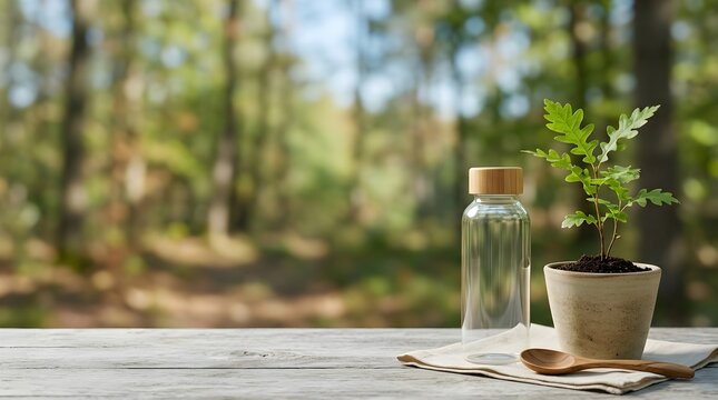 Green potted plant next to essential oil bottle on wooden surface with forest view