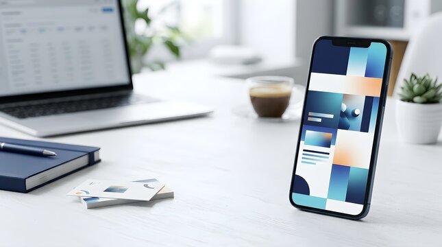 Modern workspace with smartphone showing website, laptop, notebook, and accessories