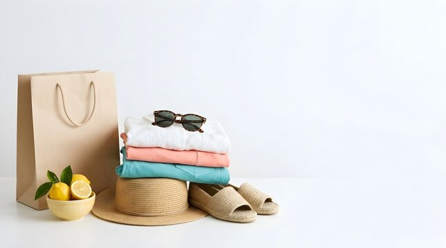 Summer vacation outfit with sandals and sunglasses on straw hat