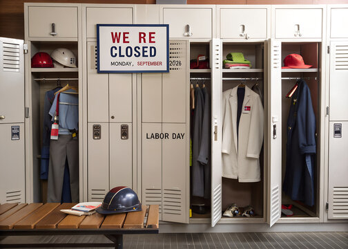 Labor day sign on grey metal lockers in a factory changing room with work clothes and helmets inside