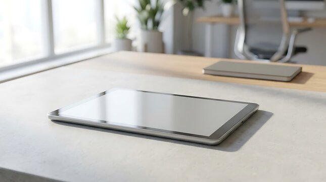 A silver tablet with a reflective screen lies on a light grey textured surface in a bright, sunlit room with plants