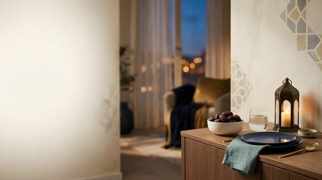 Cozy evening snack setup on wooden console with city lights view