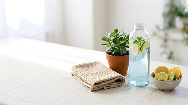 Minimalist desk setup with plant, notebook, and small bowl