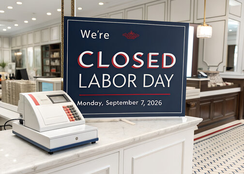 Closed labor day sign on a retail store checkout counter with a cash register