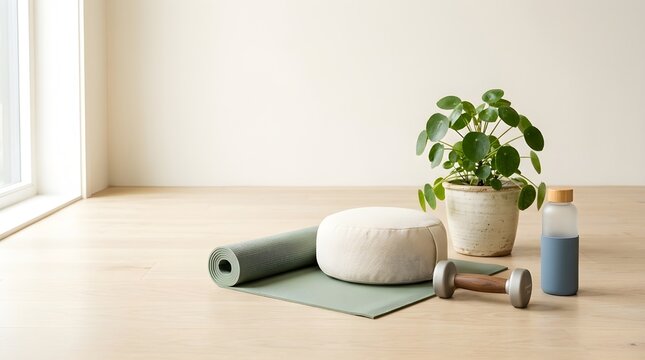 Minimalist yoga and wellness corner with exercise mat, dumbbells, and plant